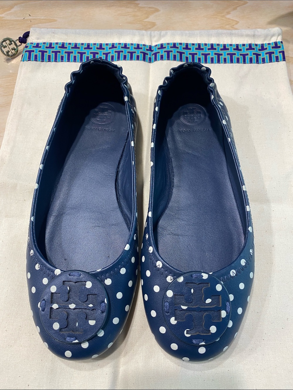 Tory Burch Navy and White Polka Dot Leather Ballet Flats